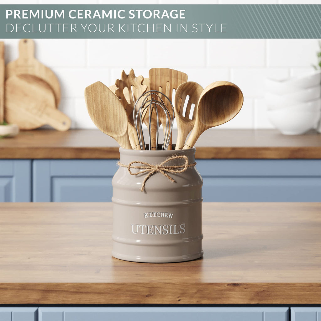 Ceramic Kitchen Utensil Holder Countertop 6.75′′ (Taupe)
