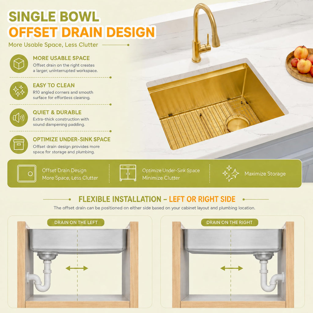 Gold Kitchen Sink Offset Drain, 23"X18" Undermount Single Bowl Sink