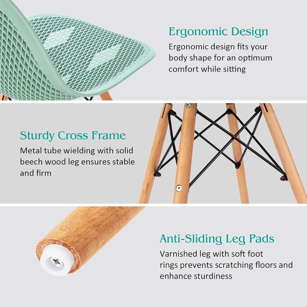 Set of 2 Modern Dining Chairs, Outdoor Indoor Shell PP Lounge Side Chairs with Mesh Design, Beech Wood Legs