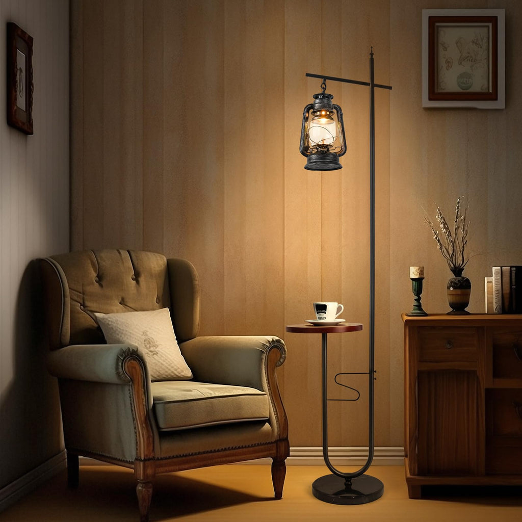 Vintage Floor Lamp with Table, Classical Lantern Standing Rustic Farmhouse Nightstand Hanging Arc Floor Lamp with