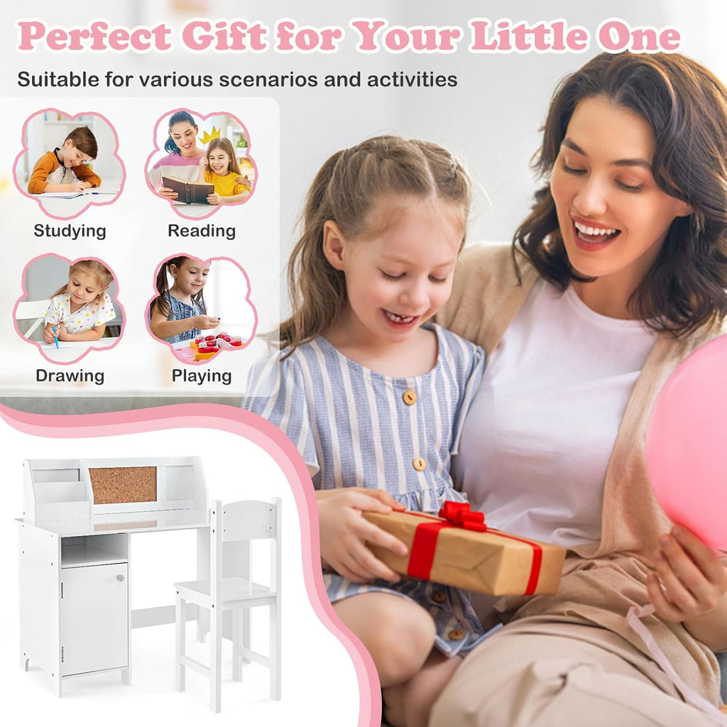 Kids Desk and Chair Set, Wooden Children School Study Table and Chair w/Whiteboard, Hutch, Storage Shelves, Student