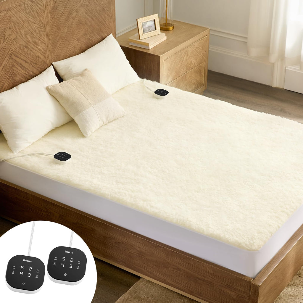 Wool Electric Mattress Pad King, Multi-Zone Dual Control Heated Mattress Pad, Bed Warmer with 9 Heat Settings, 1-12