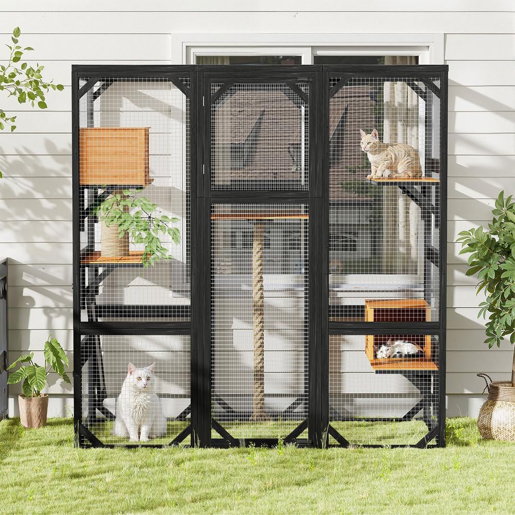 Outdoor Catio Enclosure, Large Walk-In Cat Cage with Platforms, Condos, Climbing & Scratching Posts, Pine Wood Cat