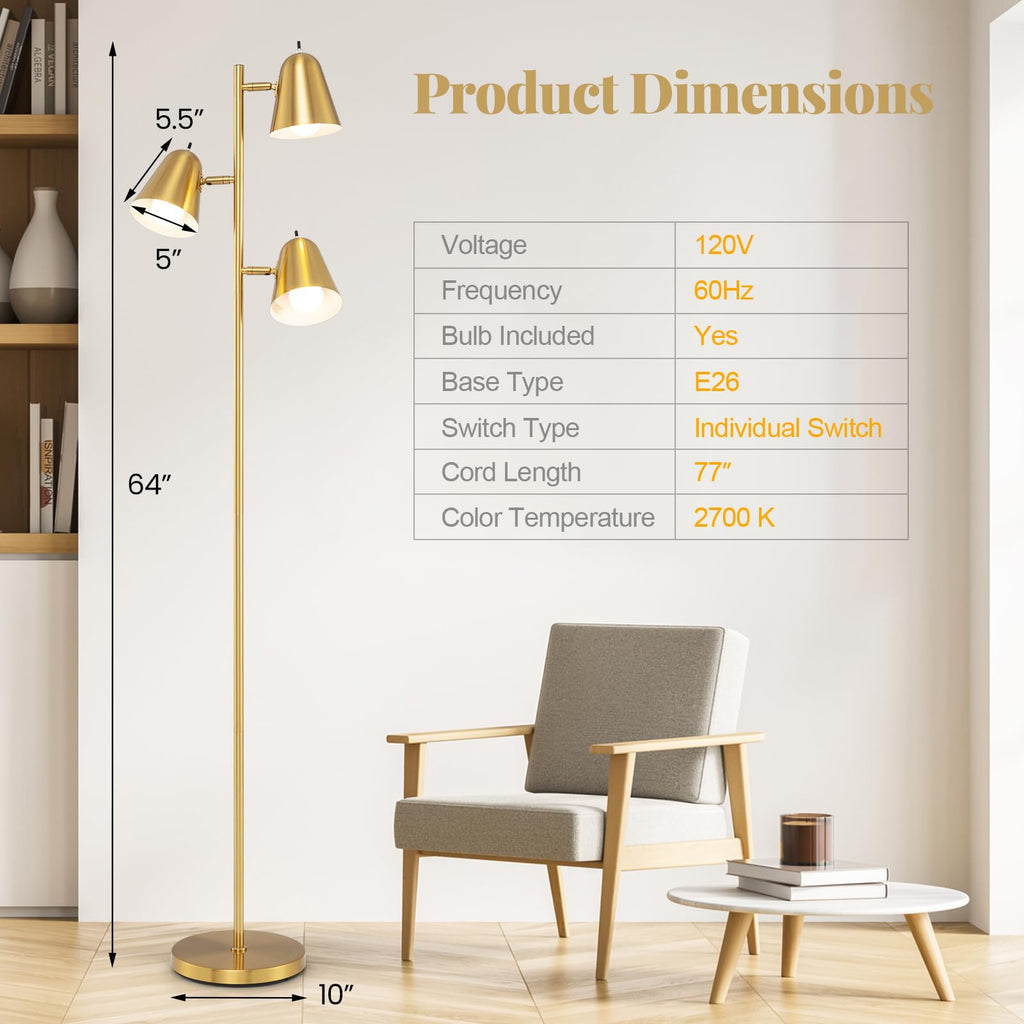 3-Light Tree Floor Lamp with Adjustable Heads