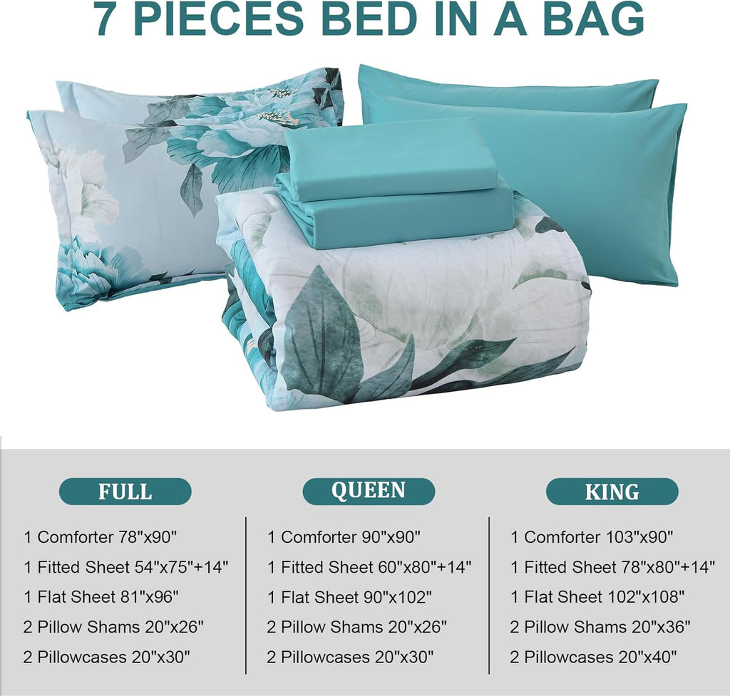 Dobuyly Floral Comforter Set Full 7 Piece Bed in a Bag, Aqua Flowers Printed on Light Blue Comforter Set with Sheets