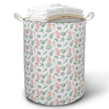 Coastal Beach Laundry Basket Hamper, Ocean Nursery Decor, Blue Seahorse Seashell Starfish Coral Foldable Clothes Toys