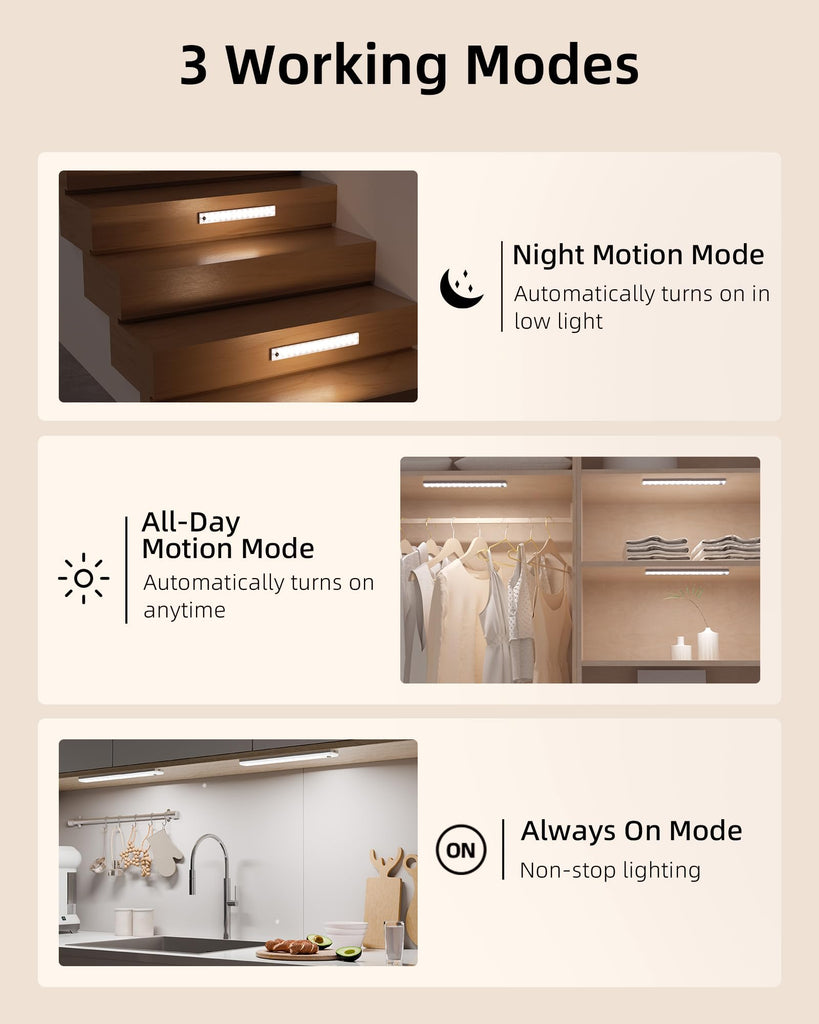 13inch Under Cabinet Lighting, 3200mAh Rechargeable Wireless Motion Sensor Lights, 96 LEDs, 3 Color Temps, Dimmable