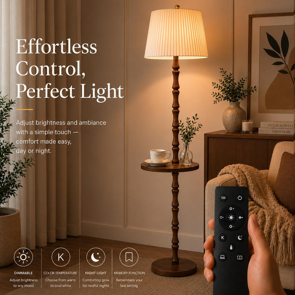 Real Wood Floor Lamp with Built-in Tray, Remote Control, Adjustable Brightness & 3 Color Temperatures, Dimmable