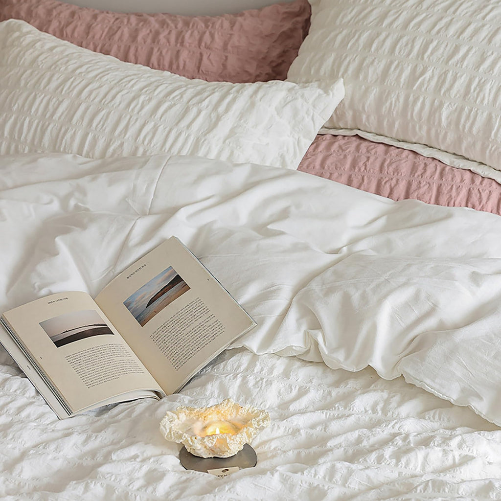 Soft Seersucker Duvet Cover Set, Cotton, Lightweight Bedding, Breathable All Season, 4 Pieces(Gray)