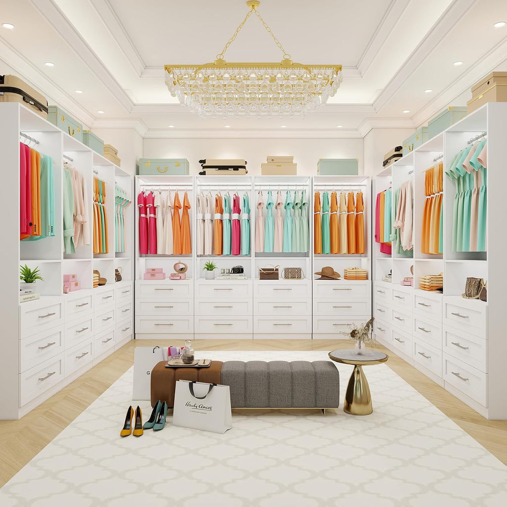 Closet System of 2 Sets with 6 Drawers, 4FT-10FT Modular Closet Organizer Systems Shelving, Wood Closet Systems for