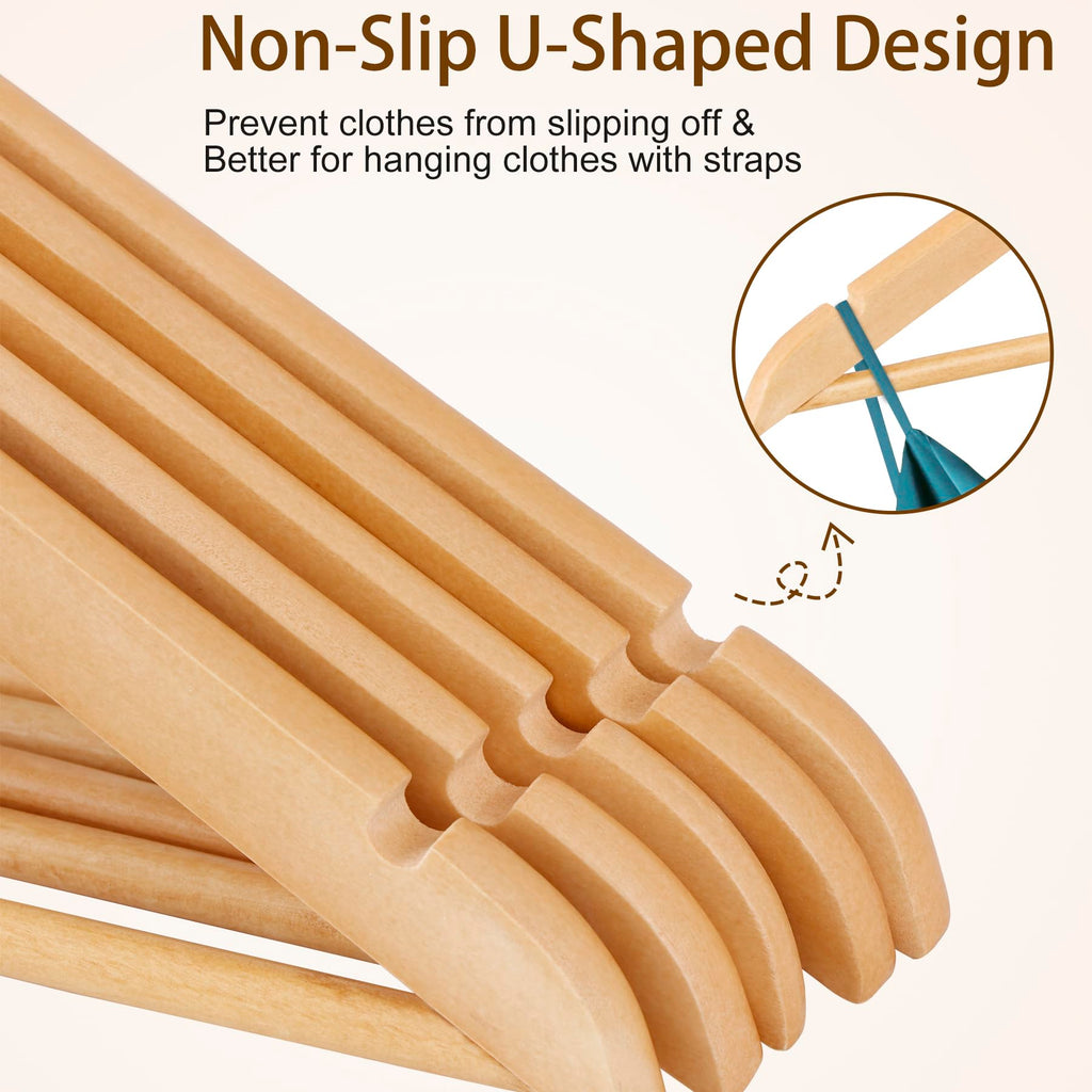 Wooden Clothes Hangers 50 Pack, Non-Slip Grooved Shoulder Coat Hanger, Slim for Shirts, Jackets, Dress, Pant