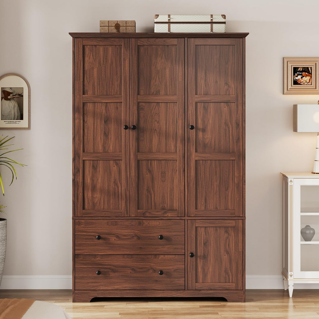 3 Doors Wooden Wardrobe Closet, Large Capacity Bedroom Armoires