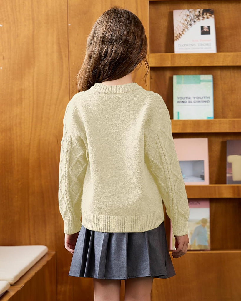 ‌Girls Crew Neck Sweaters, Cozy Knit Pullover Long Sleeve Tops for Fall Winter, Trendy Soft Teen Kids Sweater