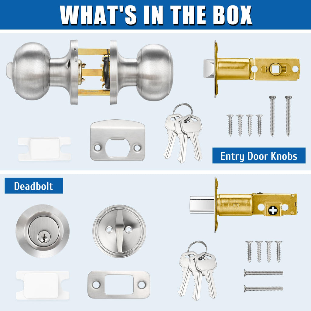 3 Sets Entry Door Knob and Single Cylinder Deadbolt Combo Set, Keyed Alike