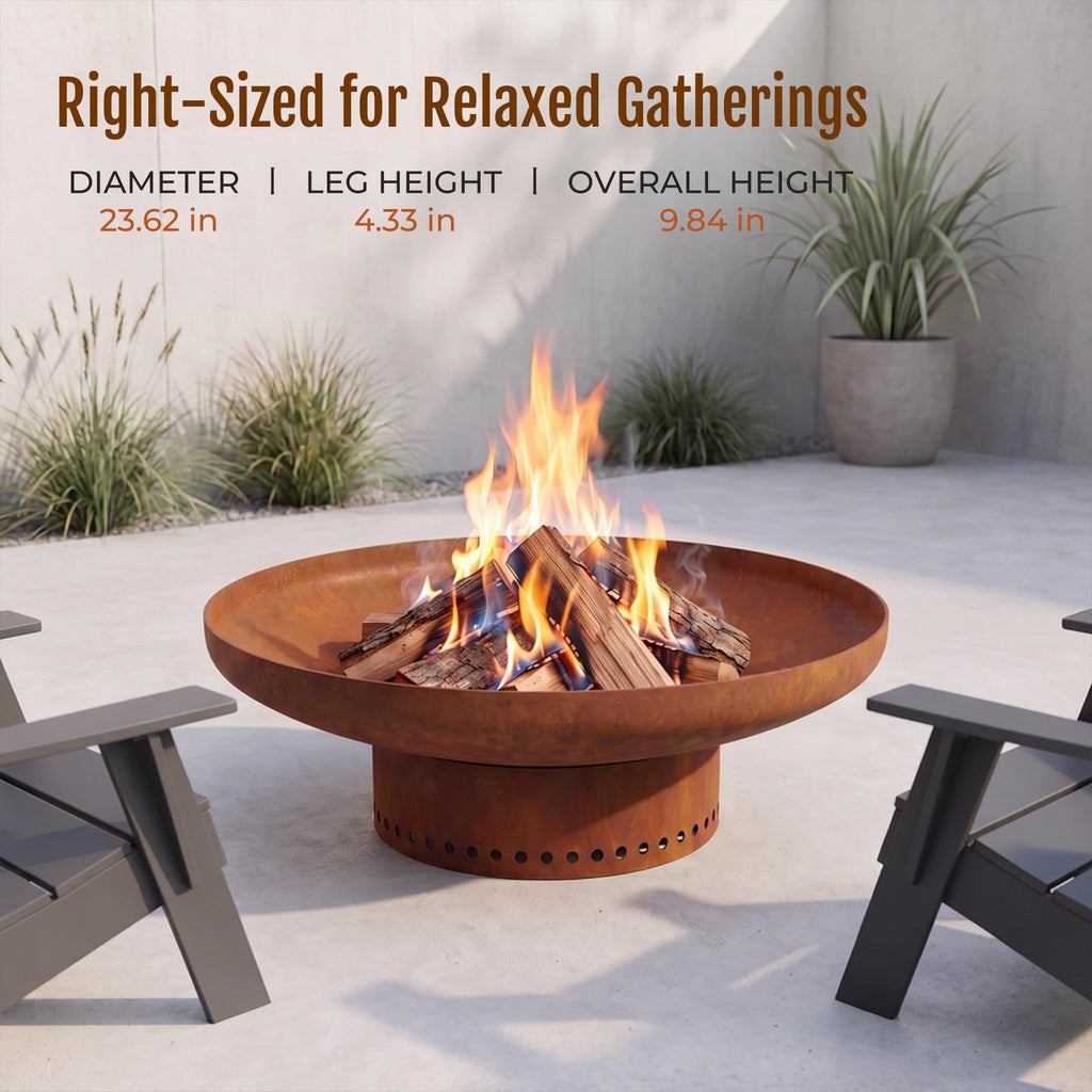 23.6 in Fire Pit, Round Outdoor Wood Burning Steel Fire Bowl