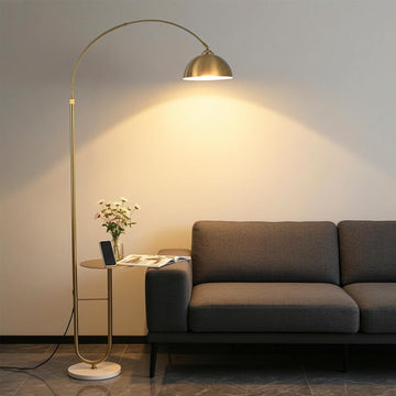 Gold Arc Floor Lamp with Table, Stepless Dimming & Remote, E26 Bulb Included