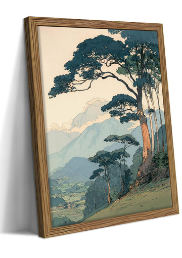 Vintage Landscape Wall Art, Mountain Wall Decor, Wood Framed Pine Tree Picture, Blue Valley Canvas Print, Scenic