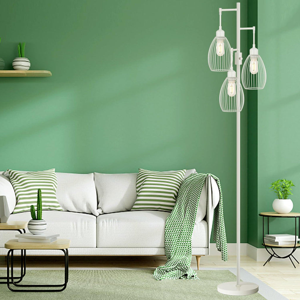 Dimmable Floor Lamp, 3 x 800LM LED Edison Bulbs Included, Floor Lamp Standing Lamp with Elegant Teardrop Cage Heads