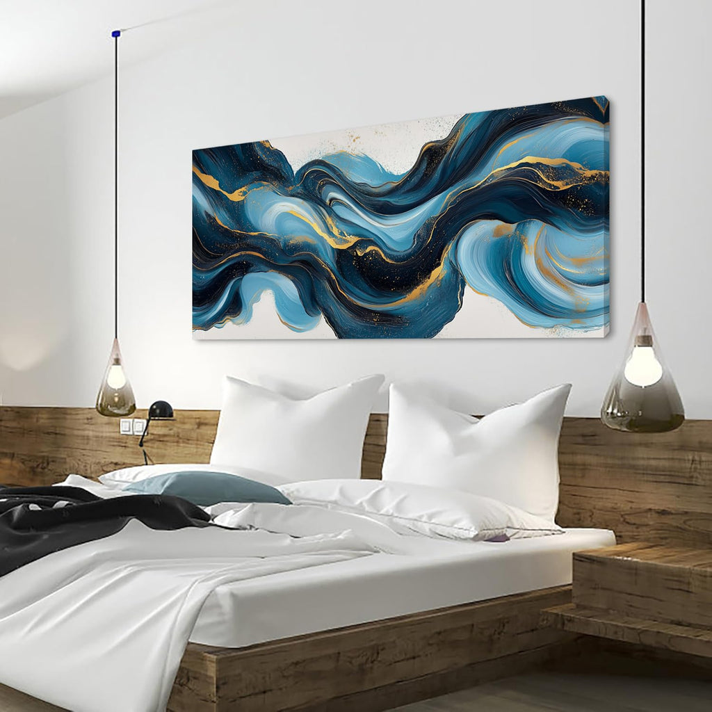 Abstract Blue and Gold Swirling Stripe Wall Art Office Contemporary Art Deco White Background Painting Prints Modern