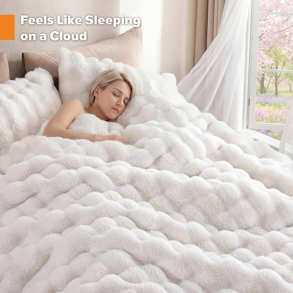 King Faux Fur Soft Comforter Set, Fluffy White Rabbit Fur Comforter | Warm Thick King Size Bedding Set,Super Fluffy