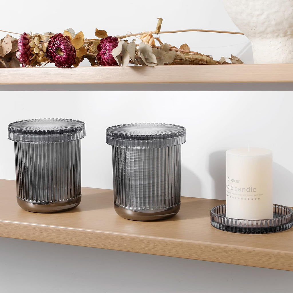 2 Pack Qtip Holder Glass Apothecary Jars with Lids, Ribbed Gray