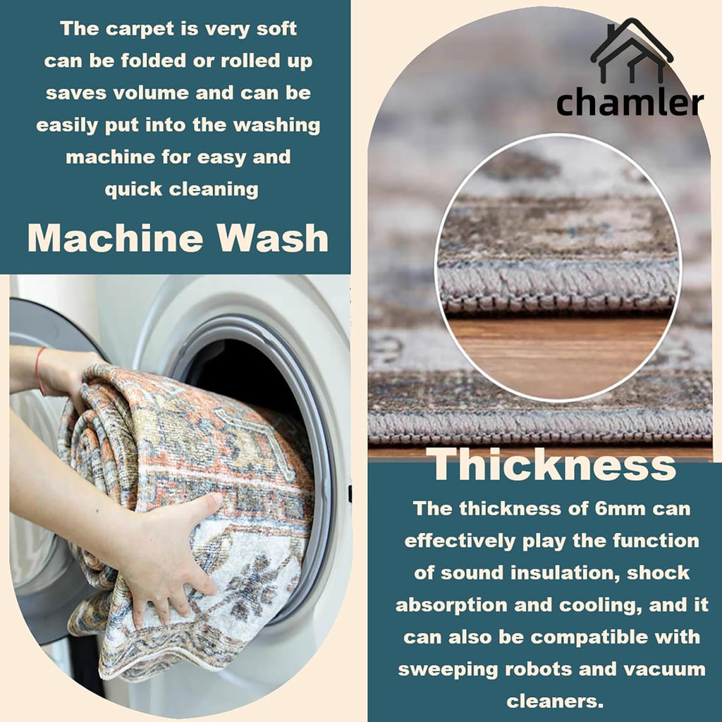 Washable Area Rug Boho Chic Medallion Distressed Design Non-Shedding Easy Care Ideal for High Traffic Areas