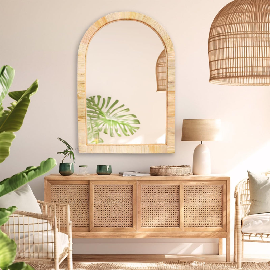 Rattan Mirror, Arch Boho Bathroom Mirror for Wall, 20x30 Wicker Vanity Mirror Décor, Coastal Farmhouse Wood Mirror