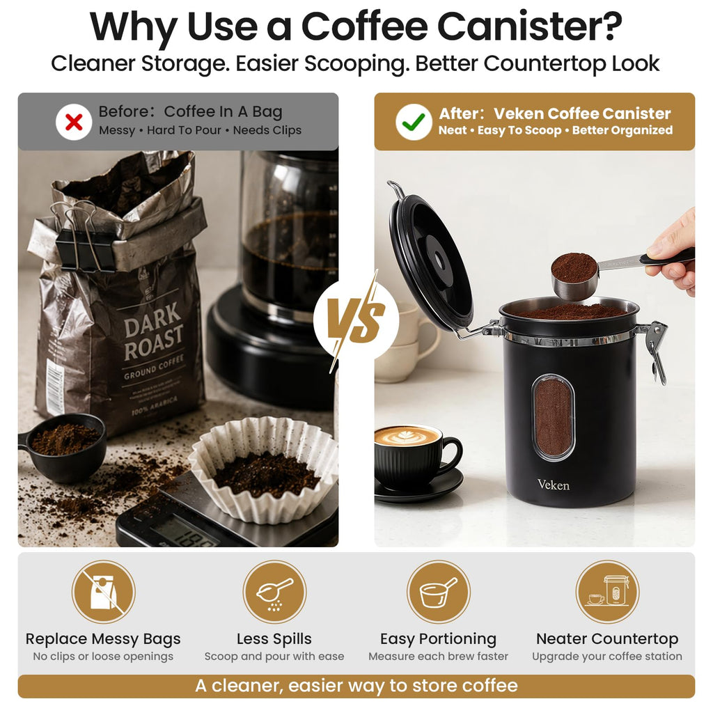 Coffee Canister with Window, Airtight Stainless Steel Container, 22OZ