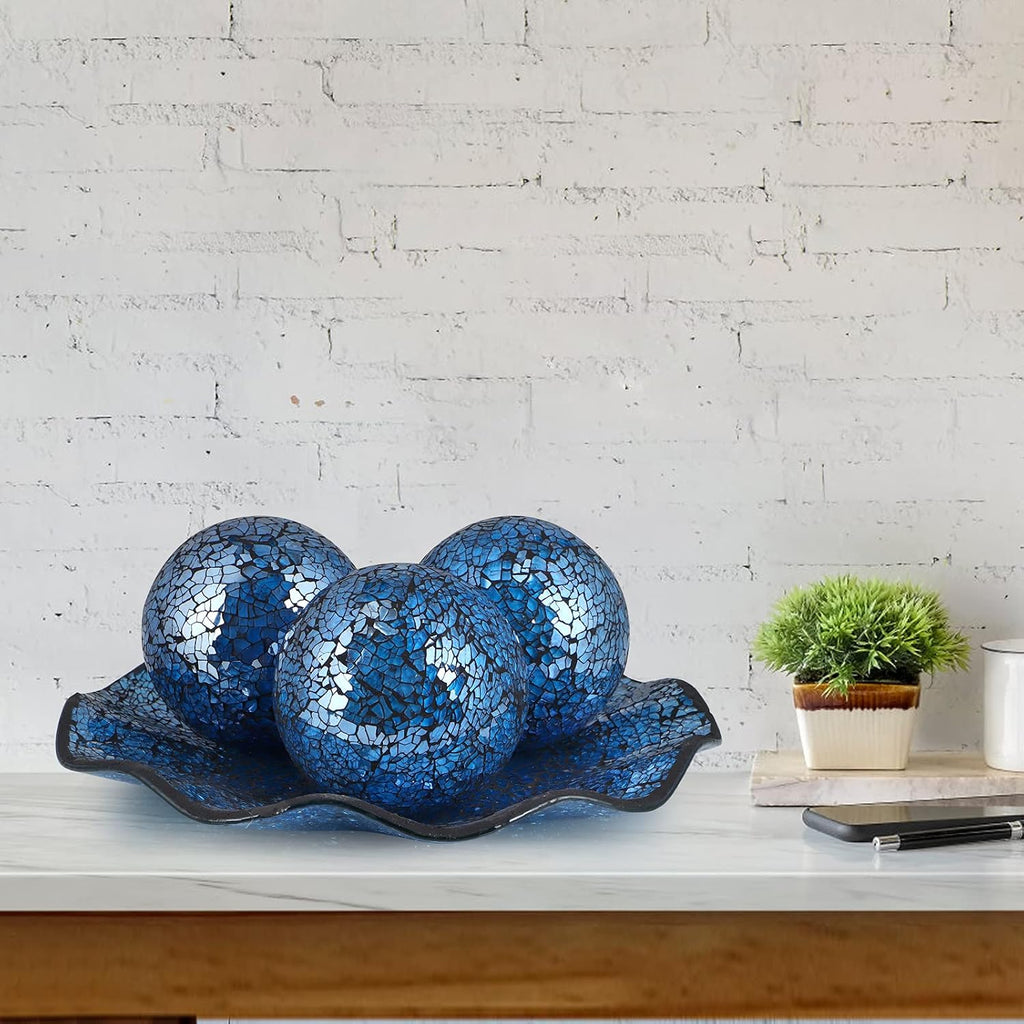 Centerpiece Bowl and Balls Set, Mosaic Tray with 3 Pieces Spheres, 12" Decorative Plate with 4" Mosaic Orbs Decor