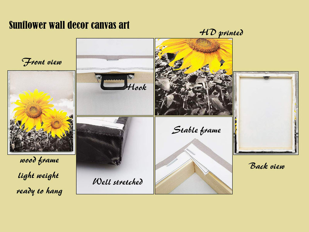 Sunflower Wall Art Black White Flowers Wall Decor Yellow Floral Canvas Prints Painting Wood Frame with Hook