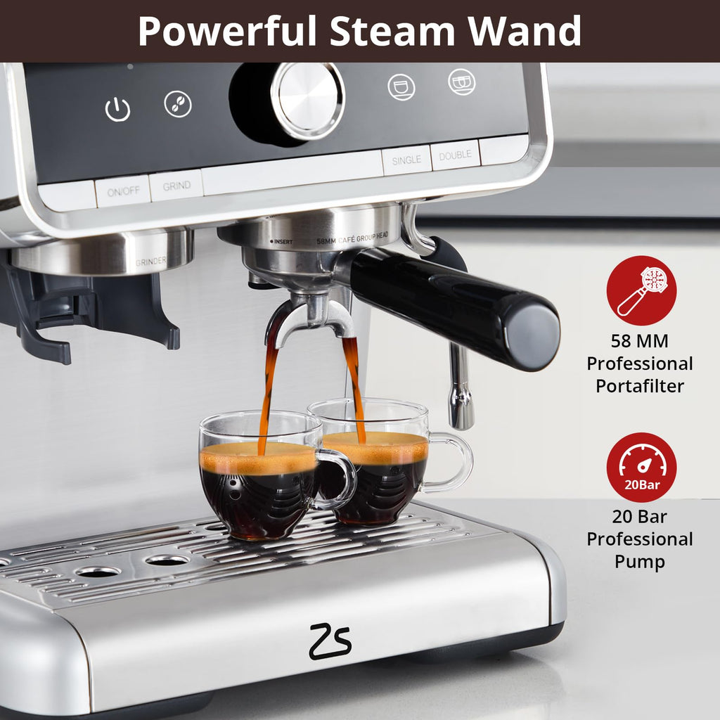 Espresso Machine With Grinder, 20 Bar Professional Coffee Maker With Milk Frother Steam Wand for Cappuccino, Latte