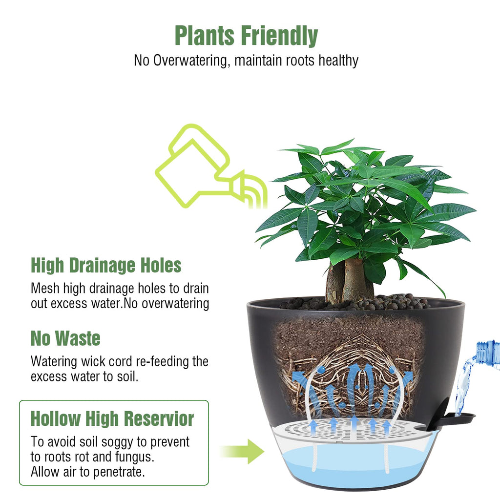 12 inch Large Self Watering Pots, Plastic Planters with 60oZ Removable Deep Reservoir and Multi Mesh Drainage Holes