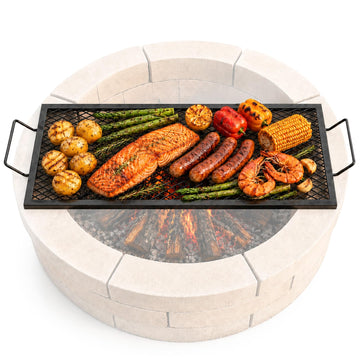 X-Marks Fire Pit Grill Grate, Rectangle Cooking Grate, Heavy Duty Steel Campfire BBQ Grill Grid with Handle & Support