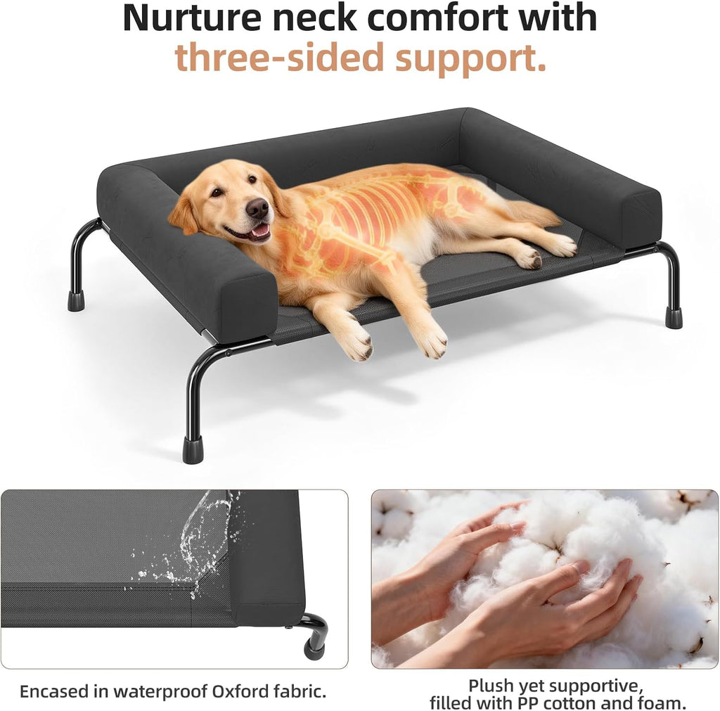 Elevated Dog Bed for Large Dogs, Cooling Raised Pet Cot with Breathable Mesh and Bolsters, Removable & Waterproof