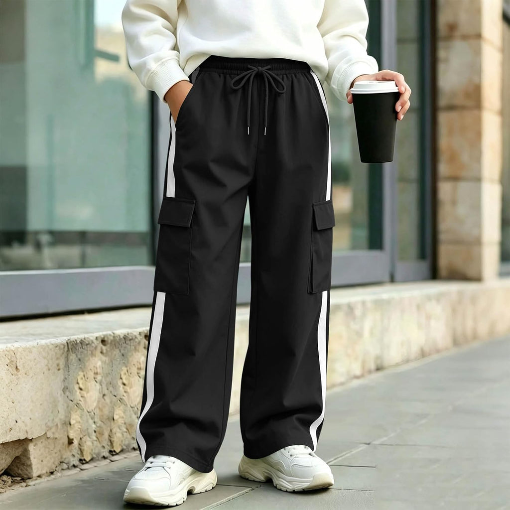 Boys Cargo Pants Baggy Wide Leg Elastic Waist Drawstring Chino Husky Pants