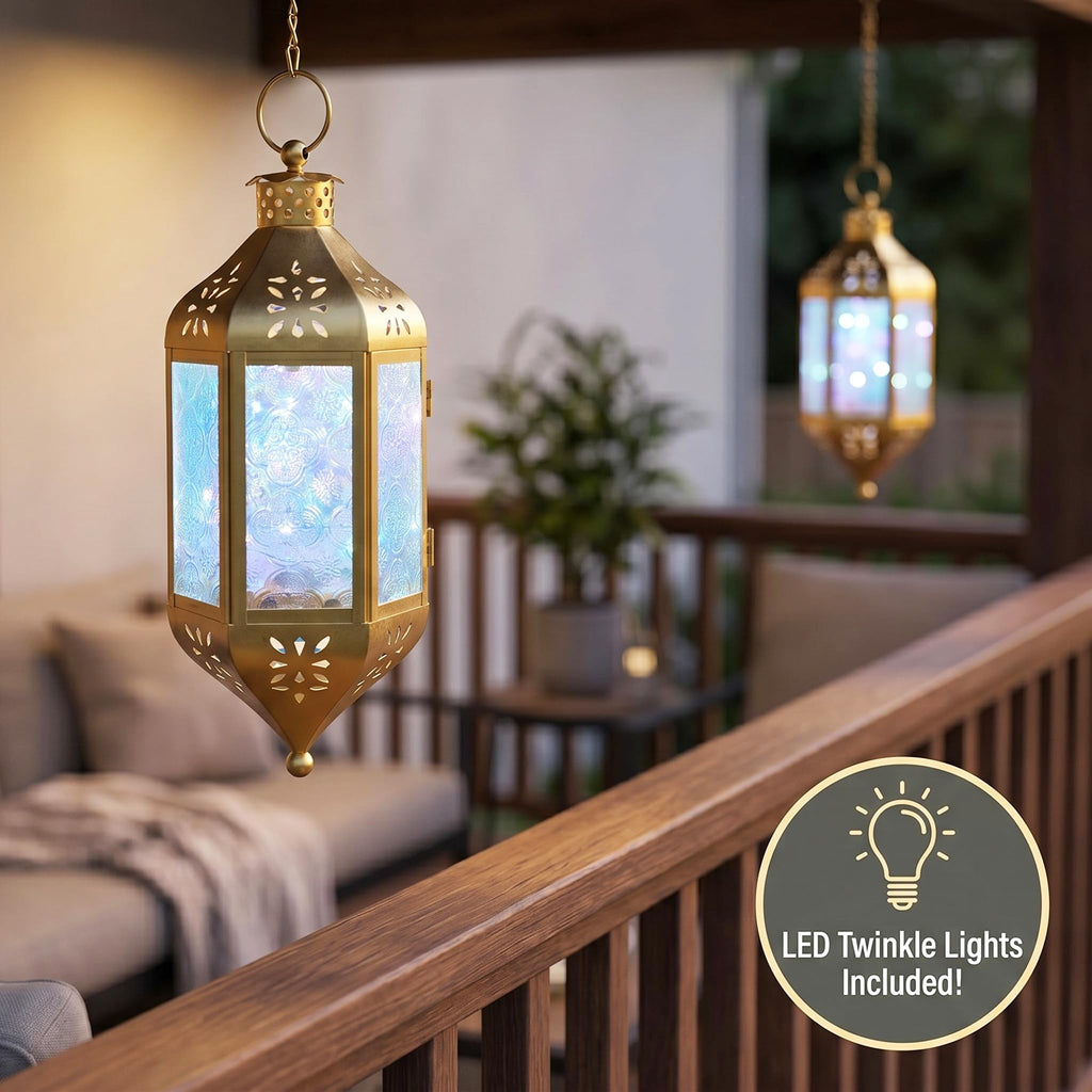 Hanging Moroccan Lantern with LED Twinkle Fairy Lights - Exotic Decorative Patio & Porch Decor, Indoor Outdoor Candle