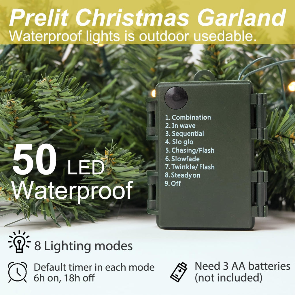 Christmas Garland 18 Ft by 12 Inch Prelit Fraser Fir Xmas Garland with 100 LED Lights, Lush and Classics Green Style