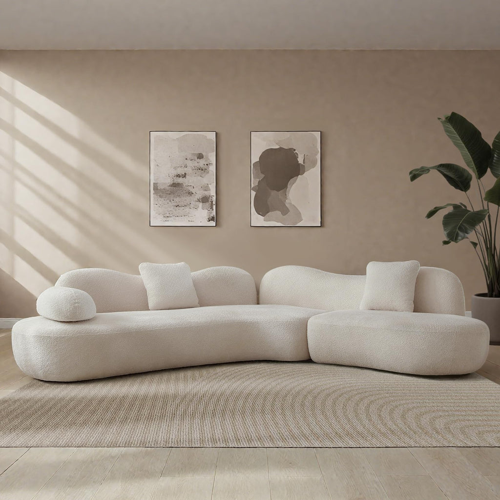Curved Sectional, 5-Seater, Deep Seat, Pillows, Bouclé, Modern, White