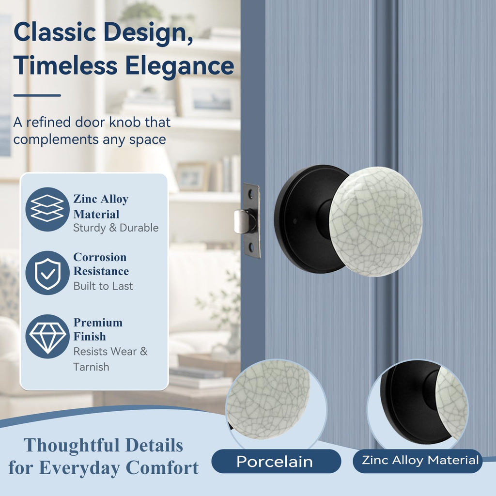 NCL Crack Door Knobs, Porcelain Round Door Handle with Matt Black Plate
