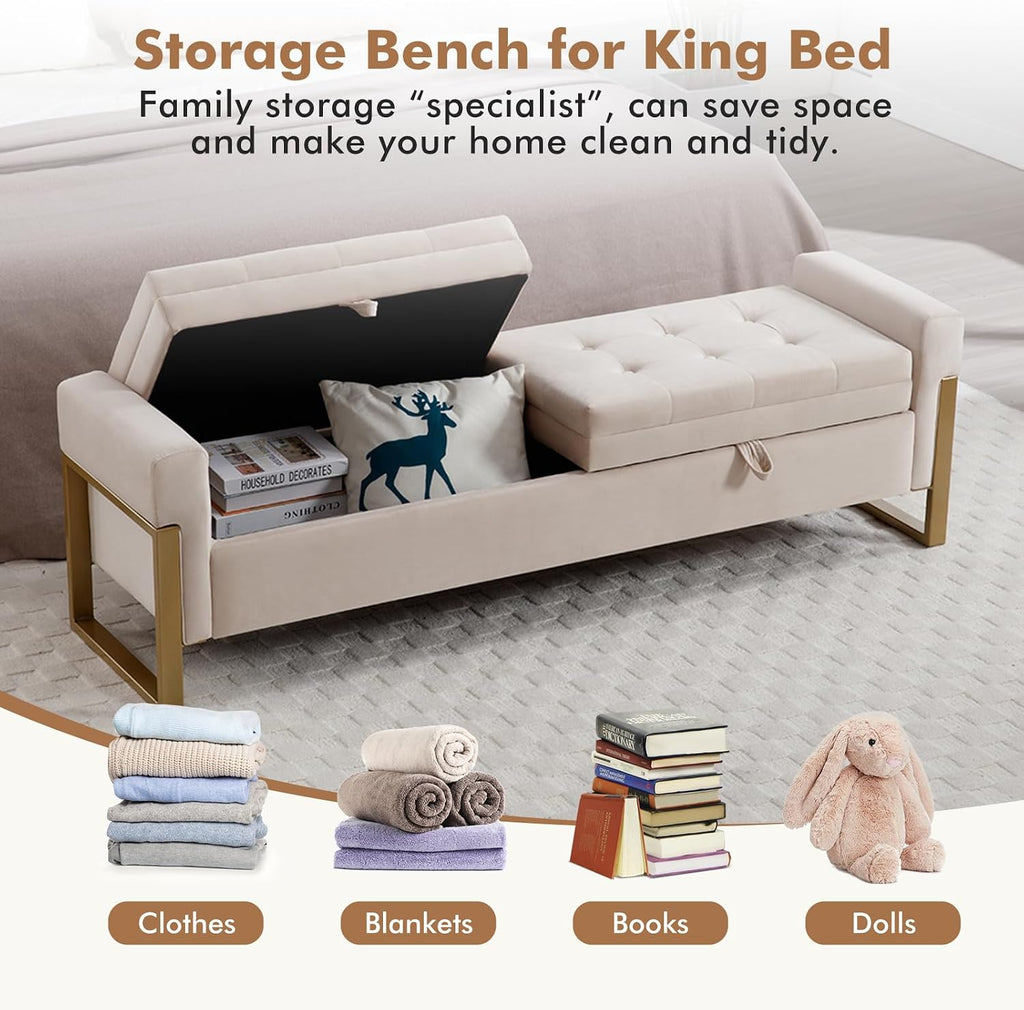 67" Storage Bench End of Bed, Velvet King Size Bed Bench with Double Lids and Gold Legs, Storage Ottoman Bench with