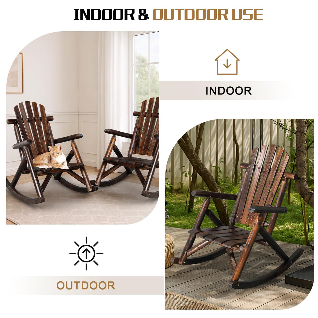 Wooden Rocking Chair Set of 2, Fir Log Adirondack, Dark Brown