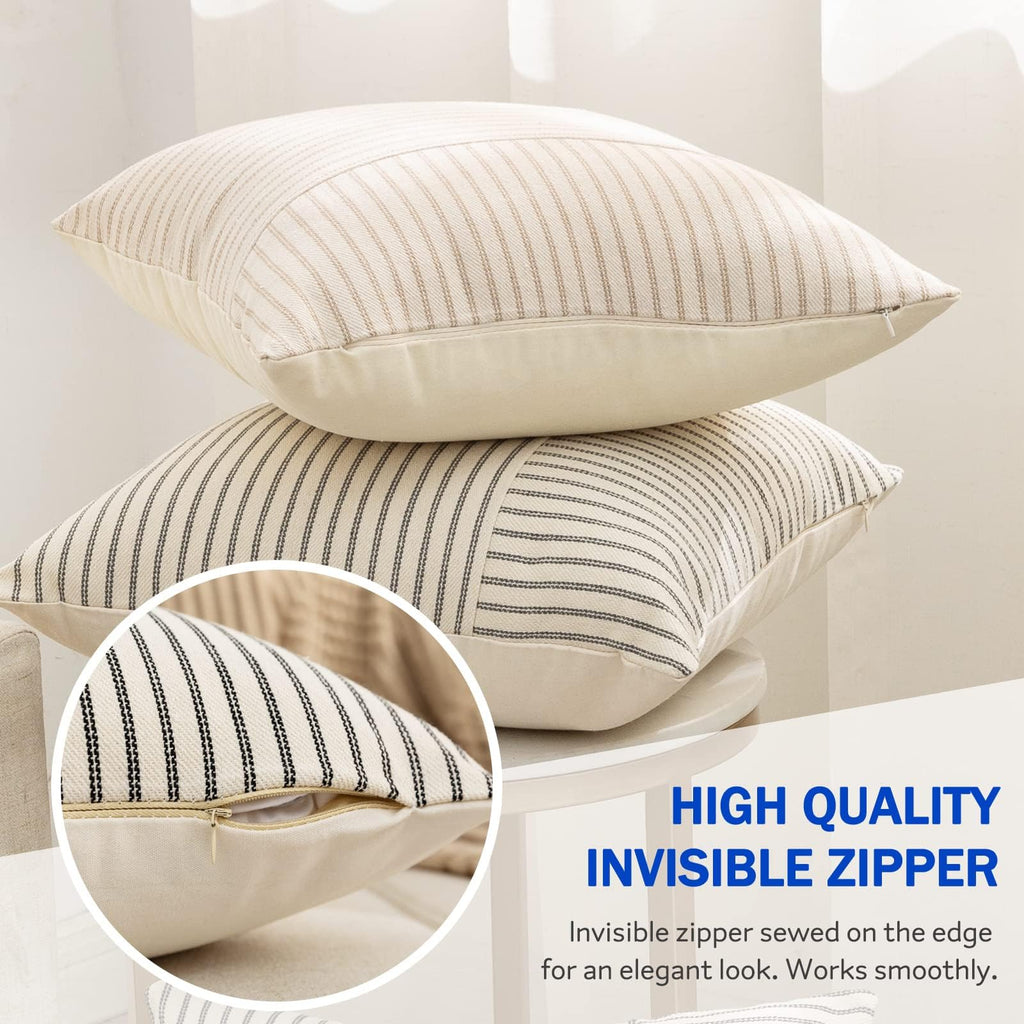Farmhouse Pillow Covers 12x20, Modern Accent Lumbar Throw Pillow Covers Set of 2, Blue and Beige Striped Patchwork