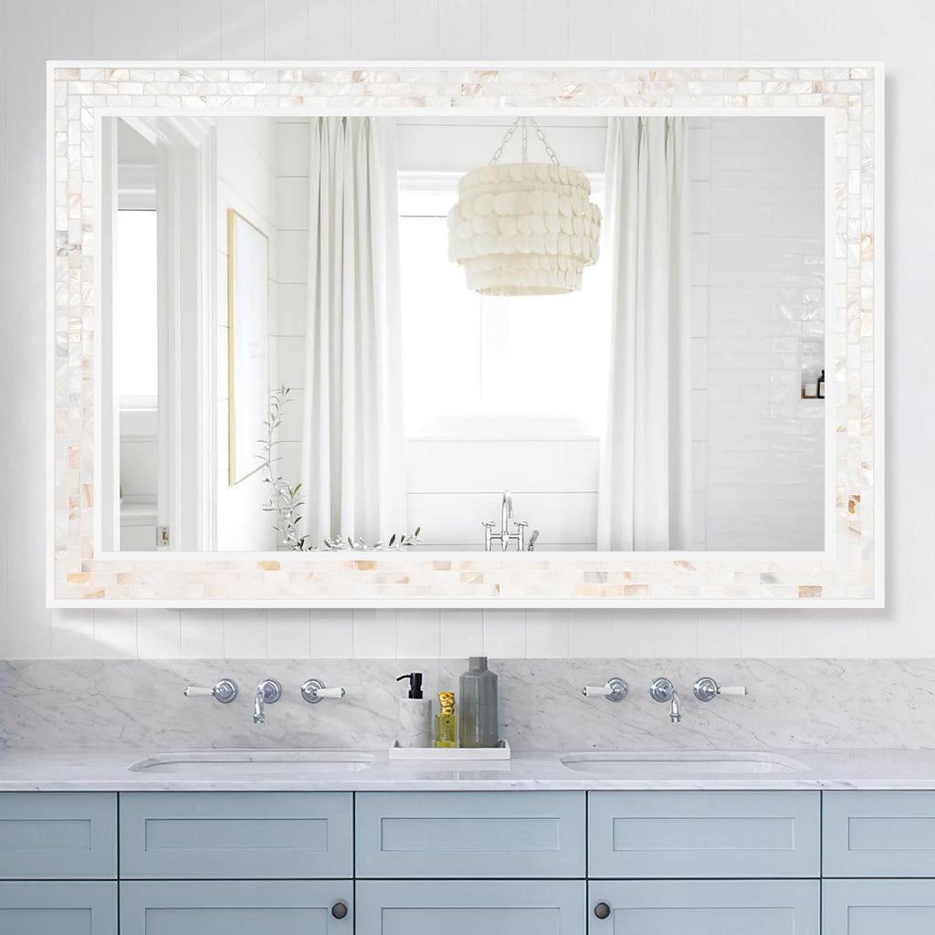 White Bathroom Mirror 24 x 36 Inch, Natural Shell Mosaic Wall Decor