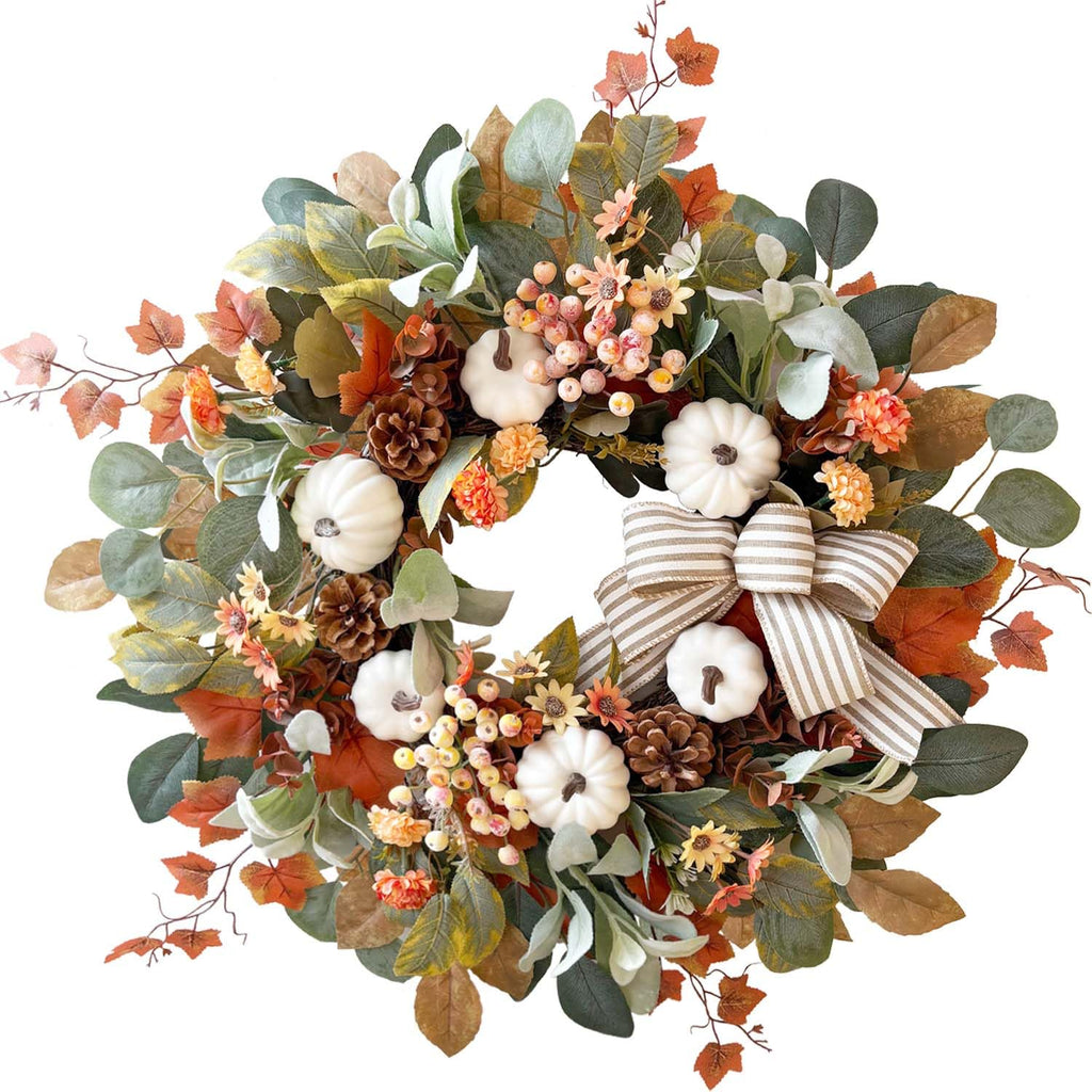 24 Inch Farmhouse Fall Wreath for Front Door with White Pumpkin