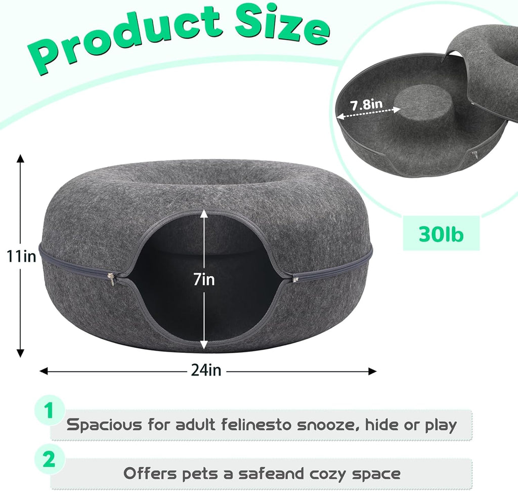 Large Peekaboo Cat Cave Donut Tunnel 24" for Indoor Cats, Dark Grey