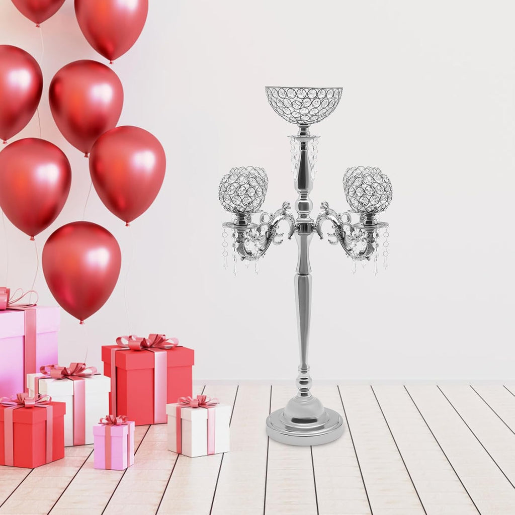 5 Arm Crystal Candelabra Centerpieces, Silver Tall Floor Crystal Candelabra w/Flower Vase for Centerpieces 20.4 *