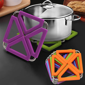 Silicone Trivet Mat Expandable Hot Pot Holder with Stainless Steel Frame Kitchen Heat Resistant Insulated - Set of 5