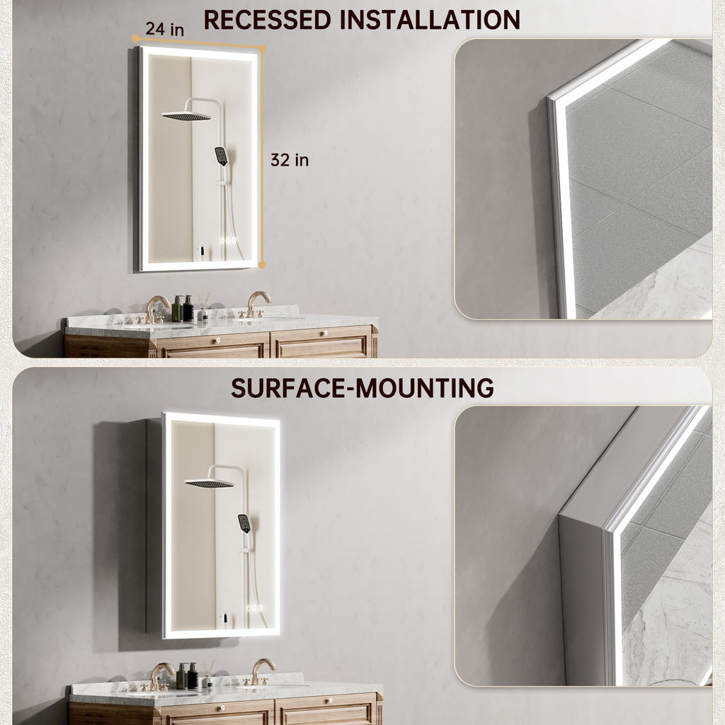 24"x32" Medicine Cabinet Mirror, LED Lighted Medicine Cabinet with Electrical Outlet&USB, Anti-Fog, 3 Colors