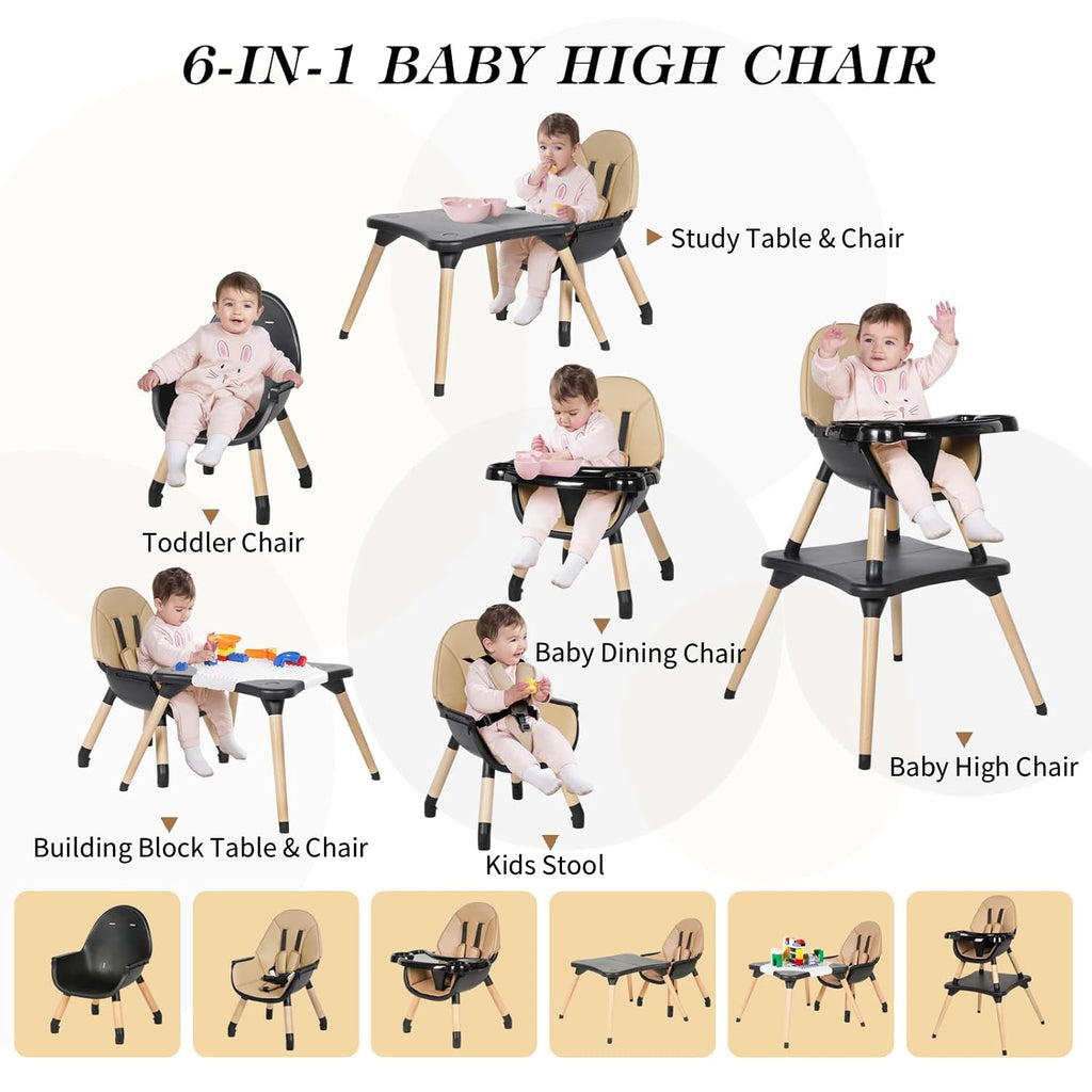 6 in 1 High Chair for Babies & Toddlers, Convertible Wooden Baby Highchair | Table and Chair Set, Baby Feeding Chair