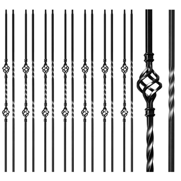 16 Pcs Wrought Iron Balusters for Staircase Interior, 44" Hollow Double Basket with Double Twist Metal Stair Spindles